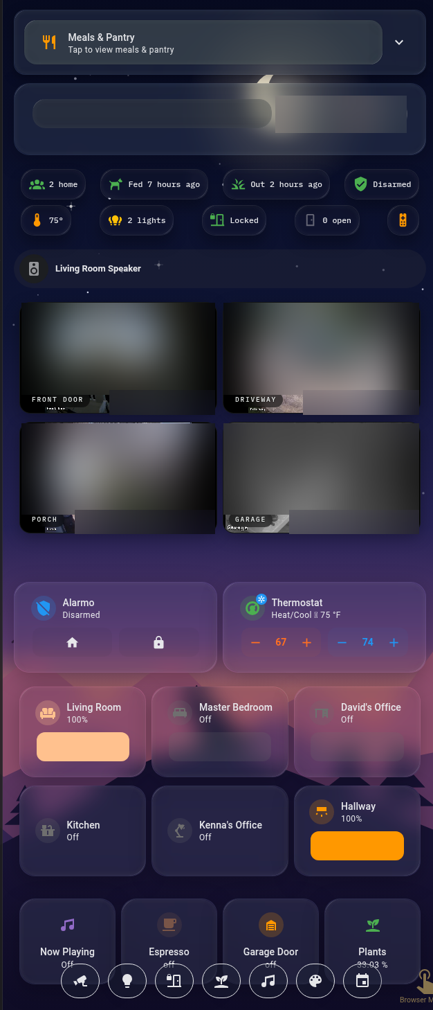 Portrait kiosk dashboard: status chips, camera feeds, alarm, thermostat, and room controls on a dusk mountain background