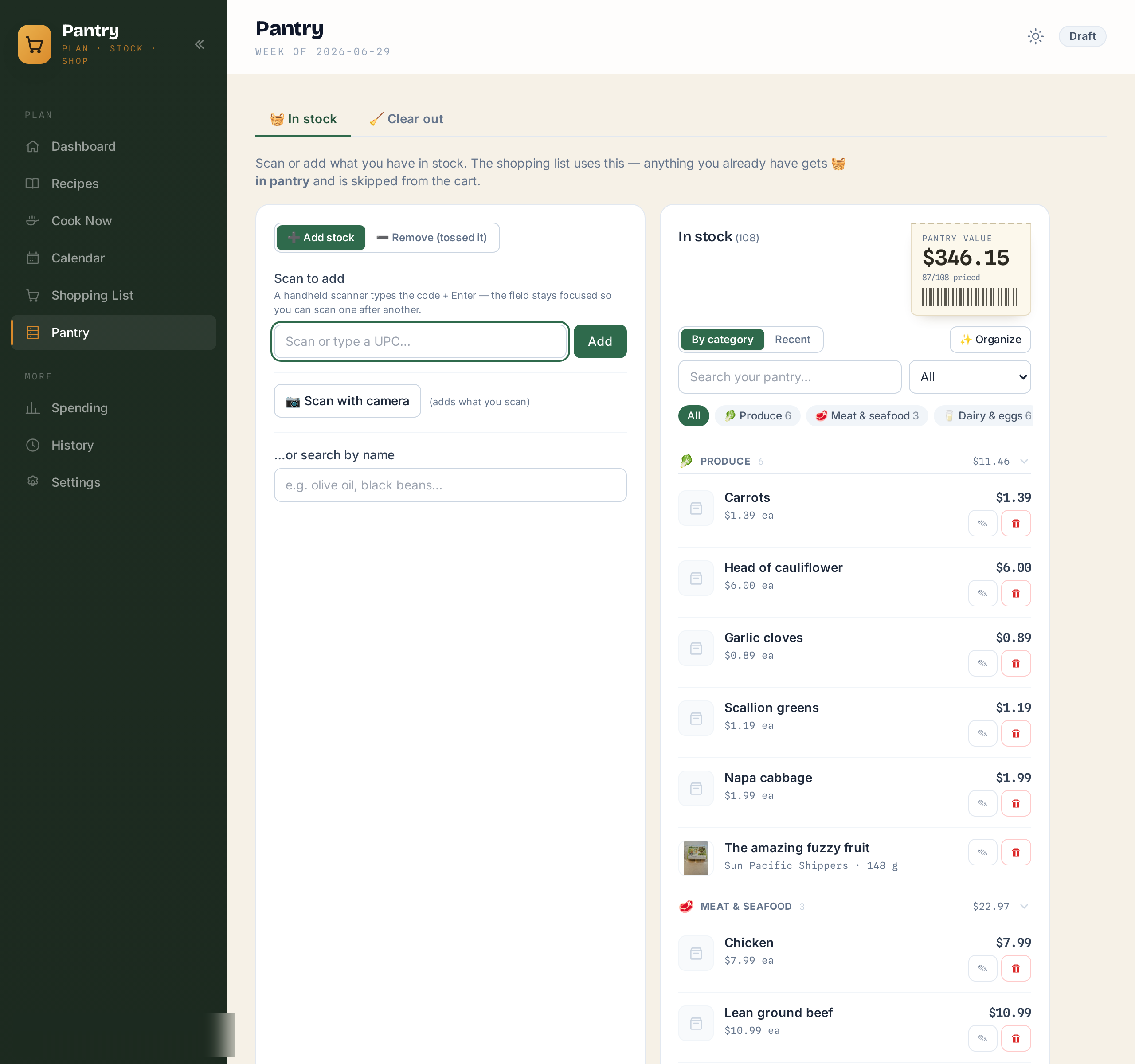 Pantry inventory grouped by AI-assigned categories with brand-merged item groups and total value