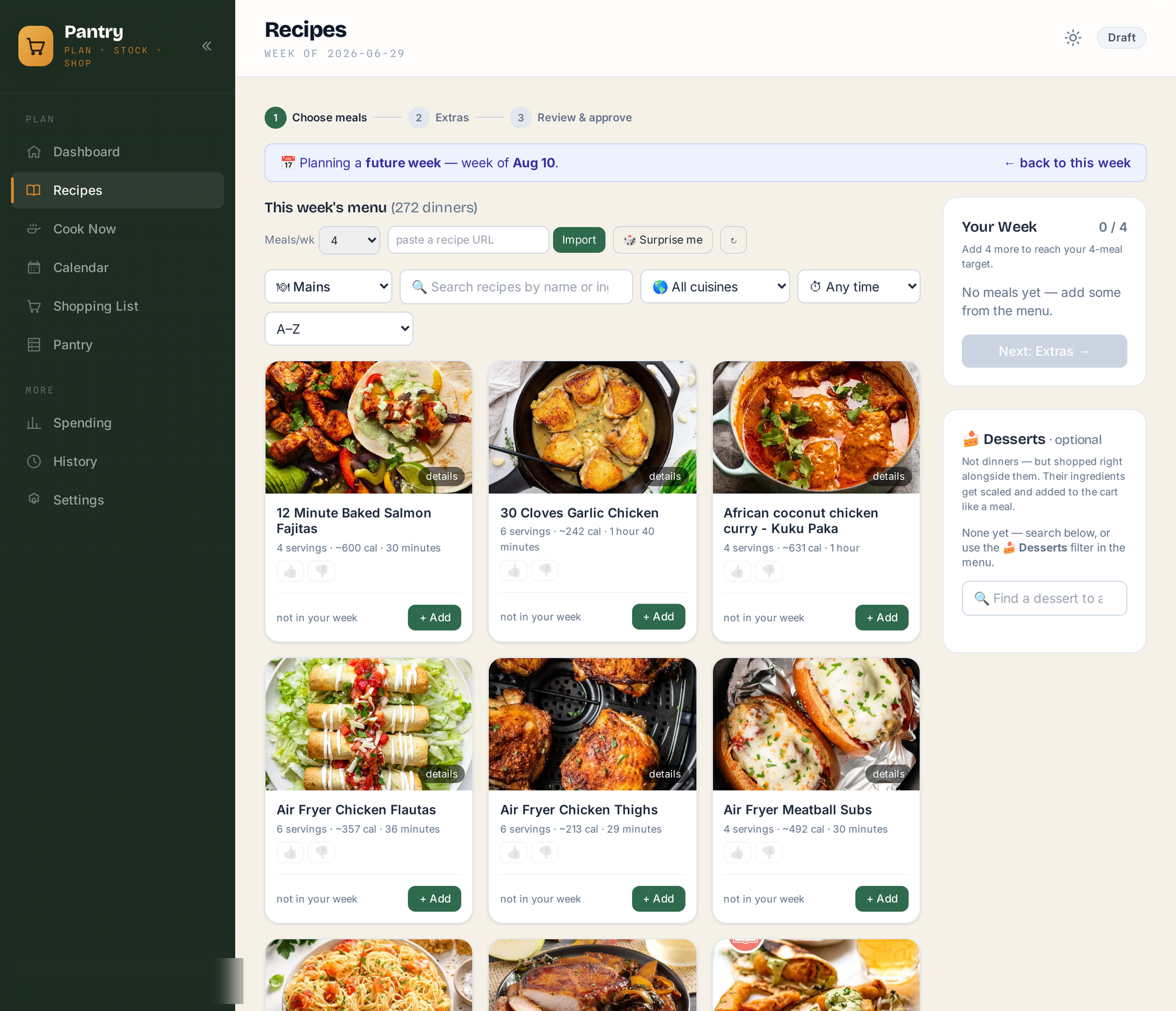 Planning wizard: recipe menu grid with search, filters, ratings and a live week basket