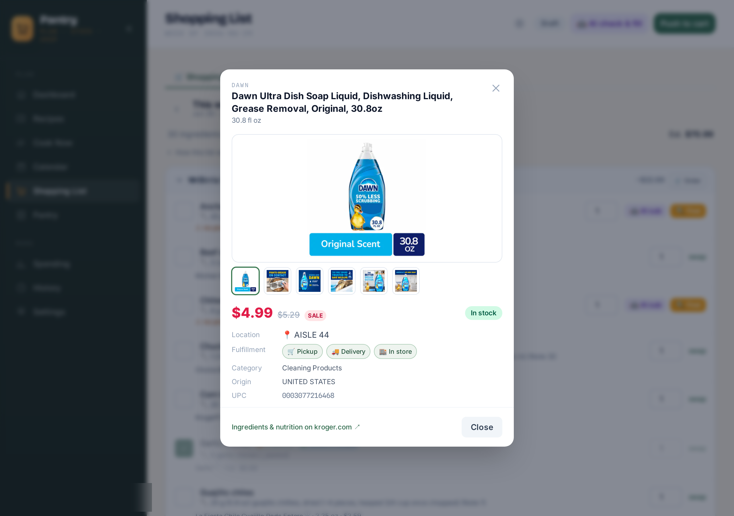 In-app product popup with photo gallery, price, stock and aisle location