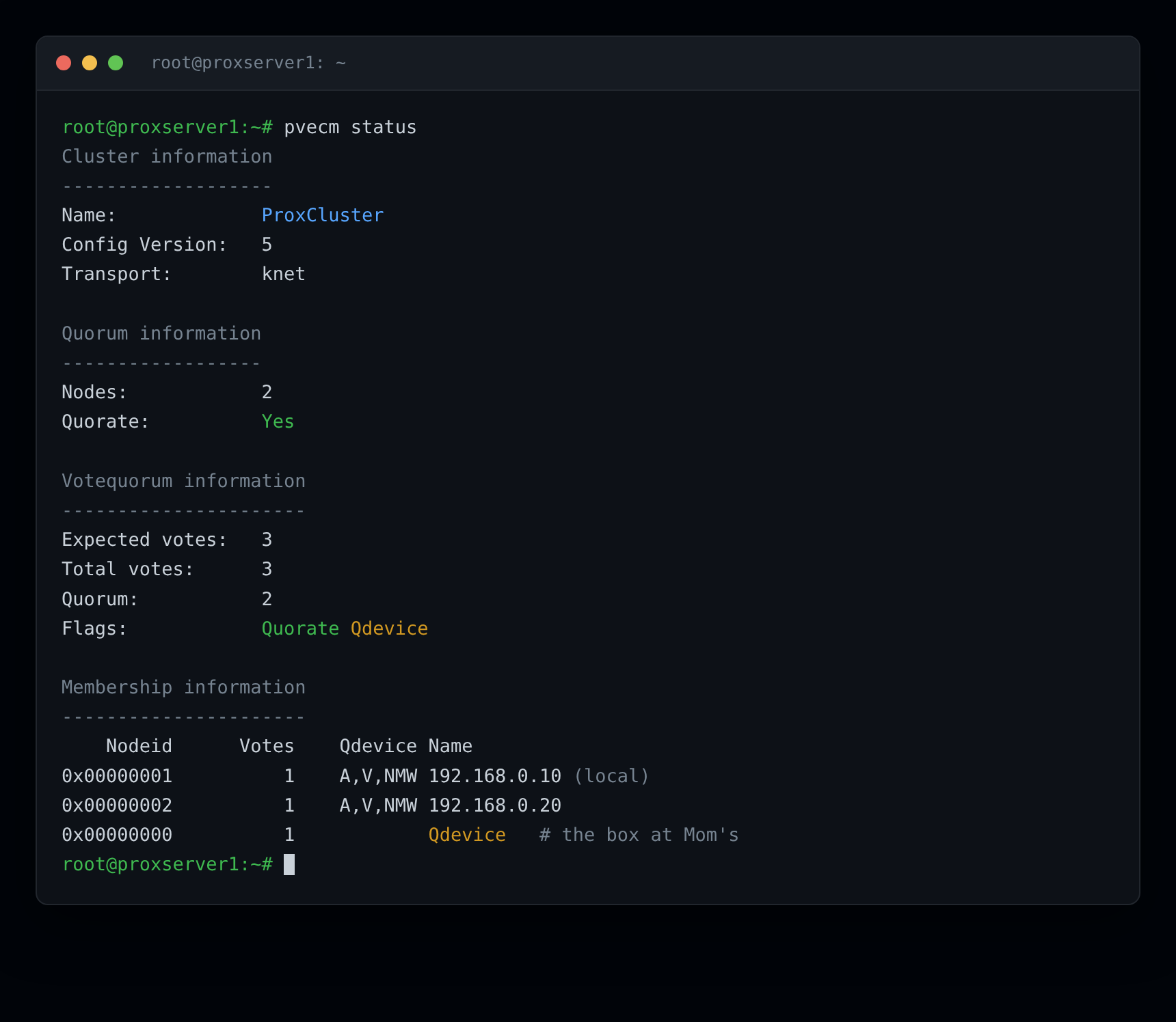 Terminal output of pvecm status showing the two home nodes and the offsite Qdevice, with three total votes and the cluster quorate