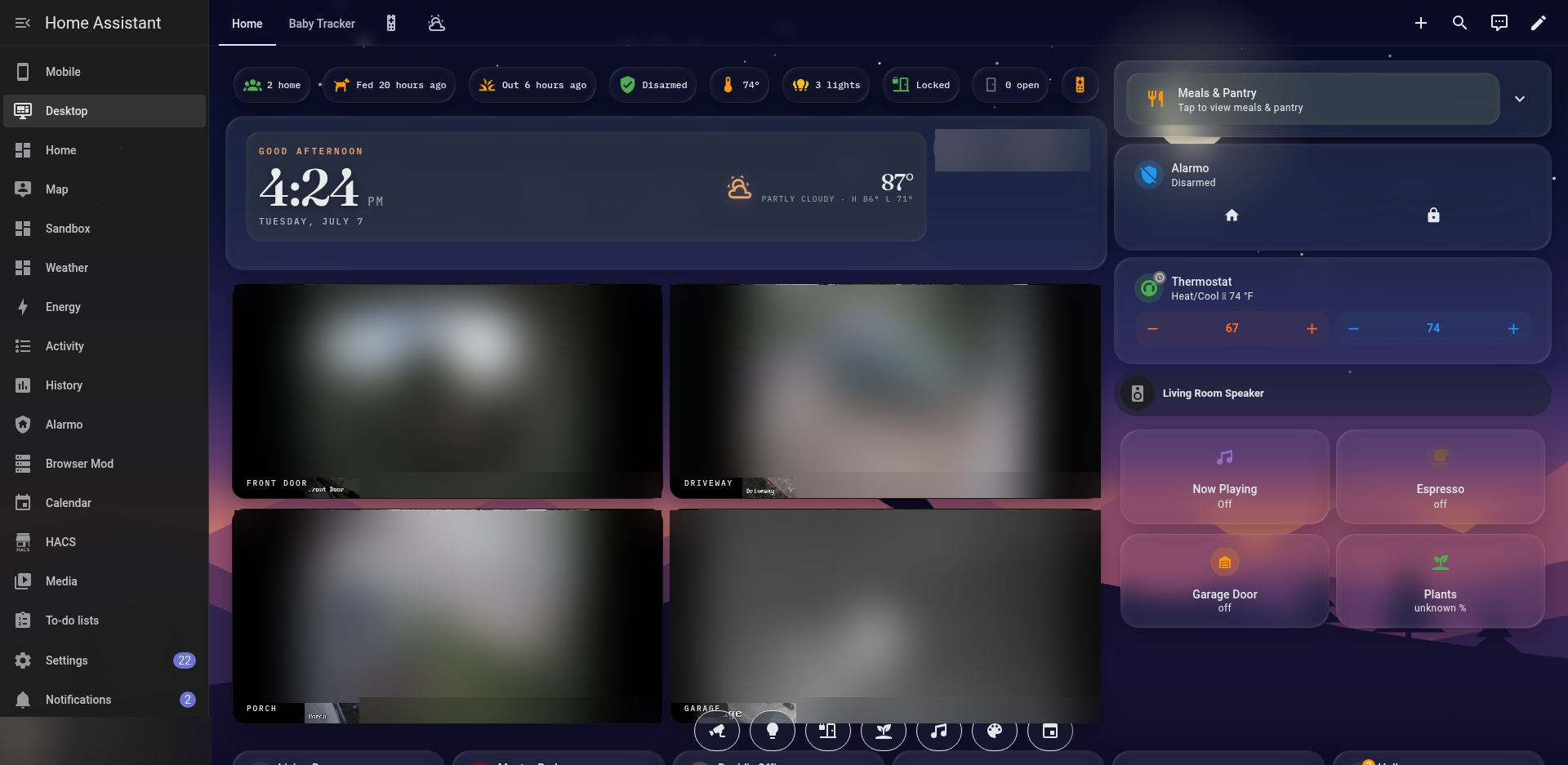 Home Assistant desktop dashboard with camera feeds, alarm, thermostat and status chips