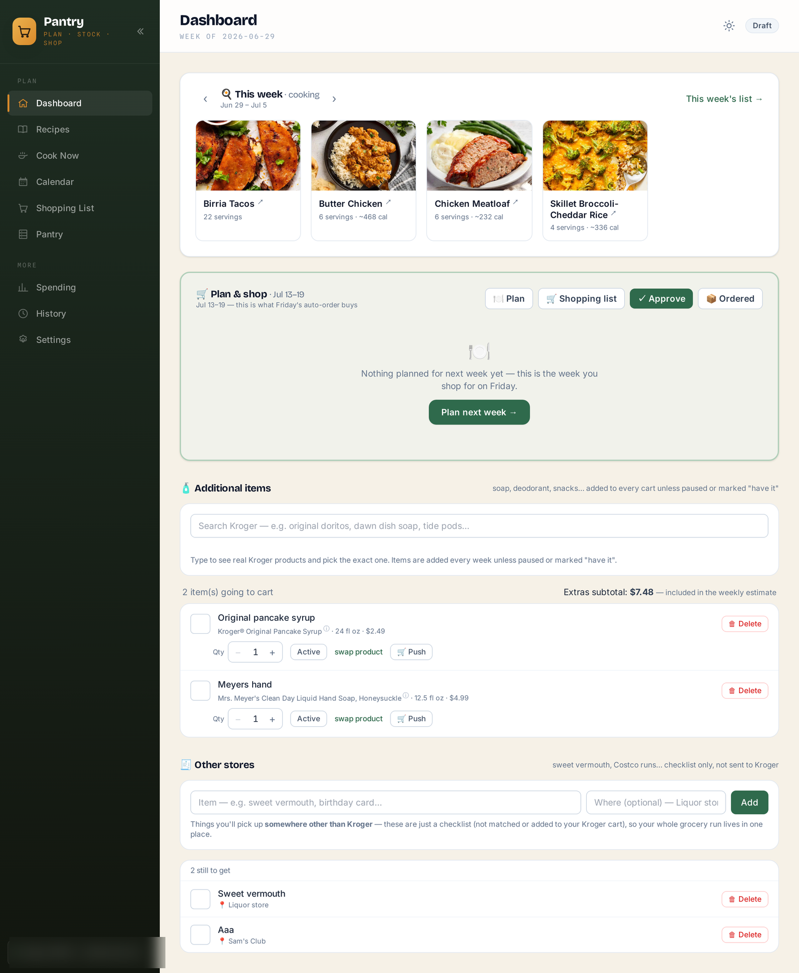 Pantry app dashboard showing this week's meals and next week's plan-and-shop section